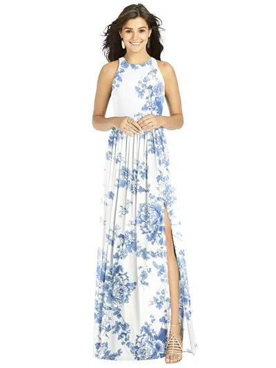 Thread Bridesmaid Shirred Skirt Jewel Neck Halter Dress With Front Slit
