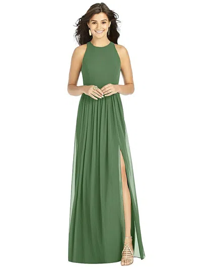 Thread Bridesmaid Shirred Skirt Jewel Neck Halter Dress With Front Slit In Green
