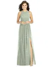 Thread Bridesmaid Shirred Skirt Jewel Neck Halter Dress With Front Slit In Green