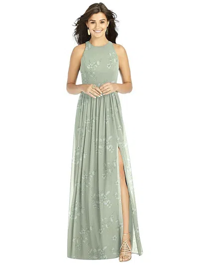 Thread Bridesmaid Shirred Skirt Jewel Neck Halter Dress With Front Slit In Green