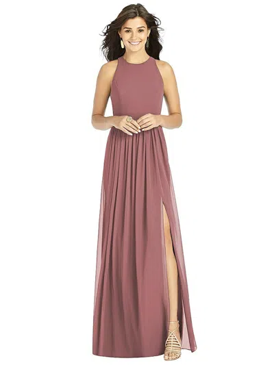 Thread Bridesmaid Shirred Skirt Jewel Neck Halter Dress With Front Slit In Pink