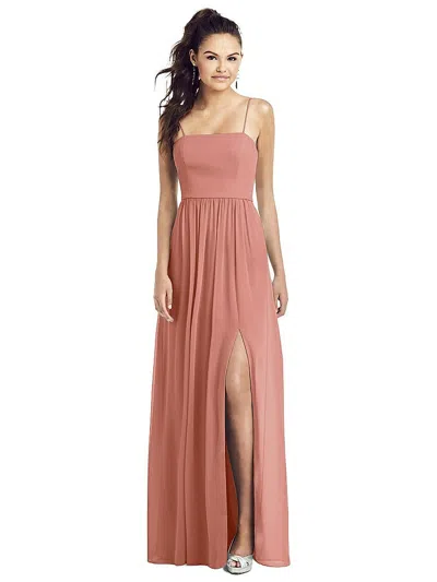 Thread Bridesmaid Slim Spaghetti Strap Chiffon Dress With Front Slit In Pink