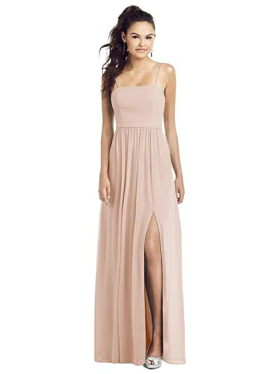 Thread Bridesmaid Slim Spaghetti Strap Chiffon Dress With Front Slit In Pink