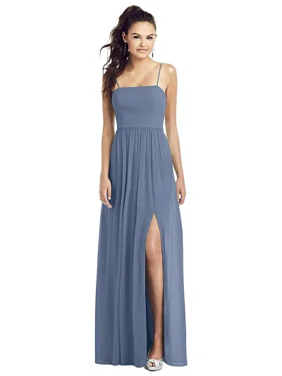 Thread Bridesmaid Slim Spaghetti Strap Chiffon Dress With Front Slit In Blue