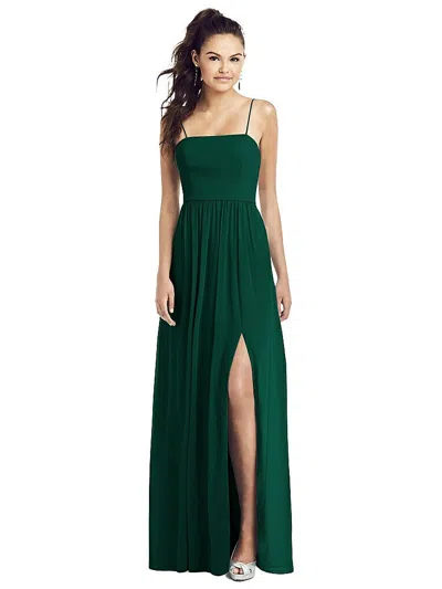 Thread Bridesmaid Slim Spaghetti Strap Chiffon Dress With Front Slit In Green