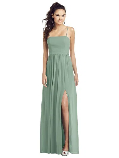 Thread Bridesmaid Slim Spaghetti Strap Chiffon Dress With Front Slit In Green