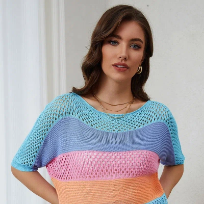 Threaded Pear April Knitted Eyelet Colorblock Striped Half Sleeves Top In Multi