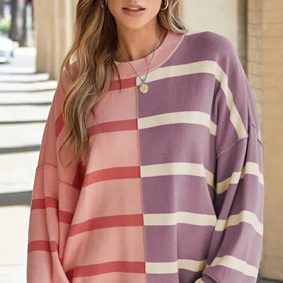 Threaded Pear Araya Stripe Oversized Sweater In Pink