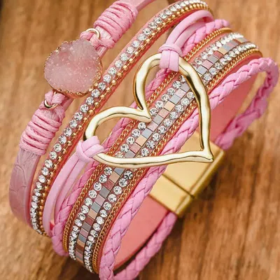 Threaded Pear Bohemian Heart Rhinestone Magnetic Buckle Bracelet In Pink