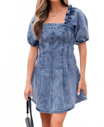 Threaded Pear Celia Square Neck Bustier Puff Sleeve Short Denim Dress In Blue