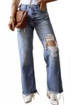 Threaded Pear Distressed High Waist Straight Jeans In Madilyn In Blue