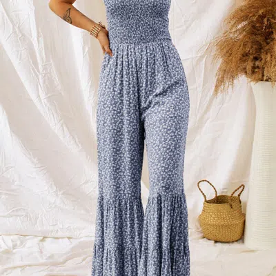 Threaded Pear Indie Smocked Bodice Wide Leg Floral Jumpsuit In Blue