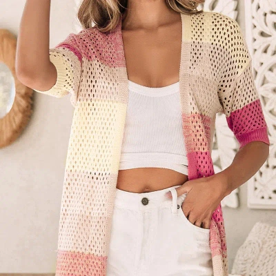 Threaded Pear Leona Ribbed Short Sleeve Ombre Eyelet Knitted Cardigan In Pink