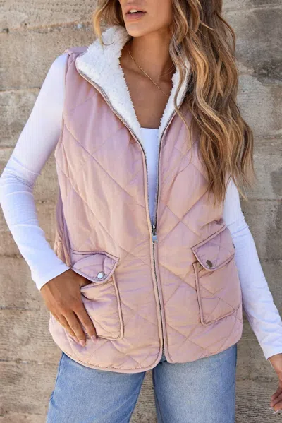 Threaded Pear Lillian Fleece Lined Quilted Vest In Pink