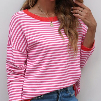 Threaded Pear Madelynn Striped Drop Shoulder Sweater In Pink