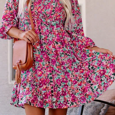 Threaded Pear Mikaela Smocked V Neck Puffy Sleeve Floral Dress In Pink