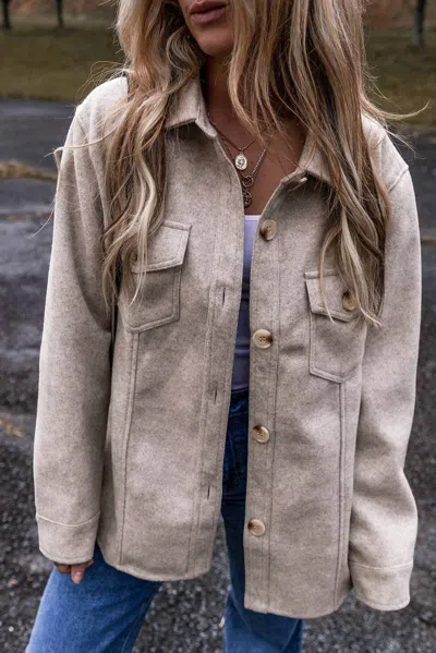 Threaded Pear Penny Flap Pockets Buttoned Shacket In Light Grey