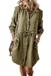 Threaded Pear Textured Button Up Tied Dress In Olive In Green