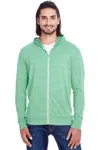 Threadfast Apparel Triblend Full-zip Light Hooded Sweatshirt In Green