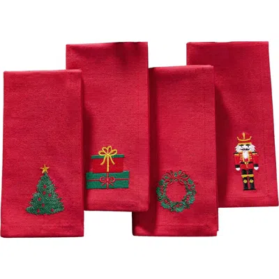 Threadmade Holiday Embroidered Napkins Set Of 4 In Red