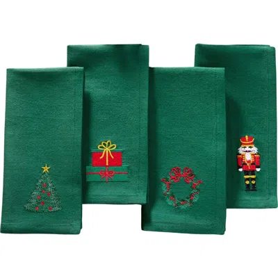 Threadmade Holiday Embroidered Napkins Set Of 4 In Green