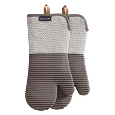 Threadmade Sirena Chevron Heat-resistant Ribbed Silicone Grip Oven Mitts, Set Of 2 In Gray