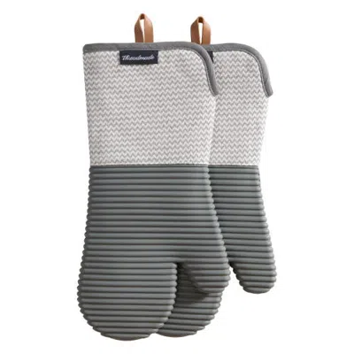 Threadmade Sirena Chevron Heat-resistant Ribbed Silicone Grip Oven Mitts, Set Of 2 In Gray