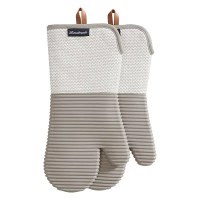 Threadmade Sirena Chevron Heat-resistant Ribbed Silicone Grip Oven Mitts, Set Of 2 In Gray