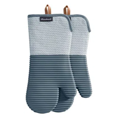 Threadmade Sirena Chevron Heat-resistant Ribbed Silicone Grip Oven Mitts, Set Of 2 In Blue
