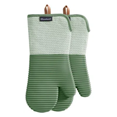 Threadmade Sirena Chevron Heat-resistant Ribbed Silicone Grip Oven Mitts, Set Of 2 In Green
