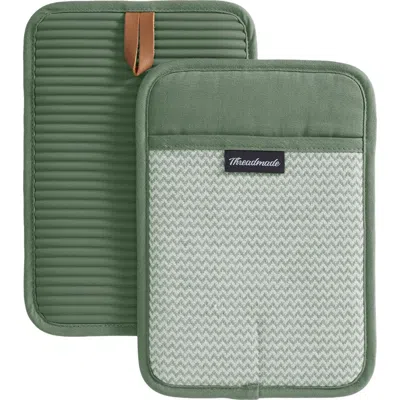 Threadmade Sirena Chevron Heat-resistant Ribbed Silicone Grip Pot Holders, Set Of 2 In Green