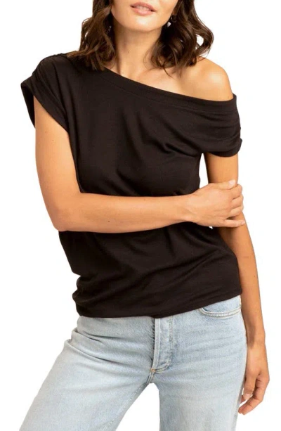 Threads 4 Thought Leoni Feather Ribbed One Shoulder T-shirt In Black