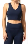 Threads 4 Thought Maliha Twist Back Sports Bra In Raw Denim