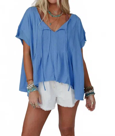 Three Bird Nest Boho Pleated Top In Blue