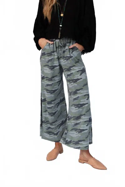 Three Bird Nest Casual Wanderer Wide Leg Slit Pants In Charcoal Camo In Blue