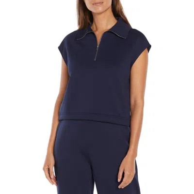 Three Dots Aria Cap Sleeve Quarter Zip Top In Navy