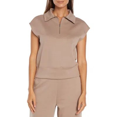 Three Dots Aria Cap Sleeve Quarter Zip Top In Taupe Gray
