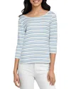 Three Dots Boat Neck Tee In Faded Denim Stripe