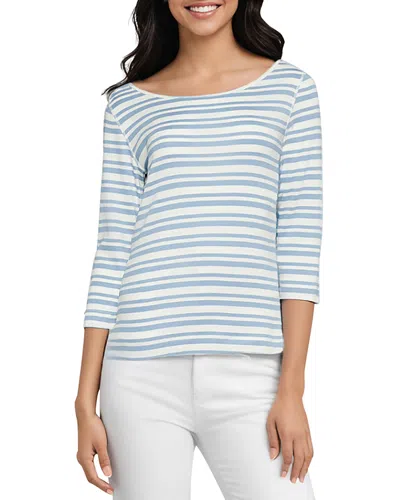 Three Dots Boat Neck Tee In Faded Denim Stripe