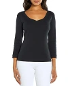 Three Dots Cotton V Neck Three Quarter Sleeve Tee In Black