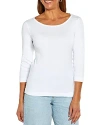 Three Dots Cotton V Neck Three Quarter Sleeve Tee In White