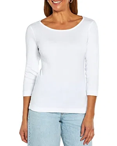 Three Dots Cotton V Neck Three Quarter Sleeve Tee In White