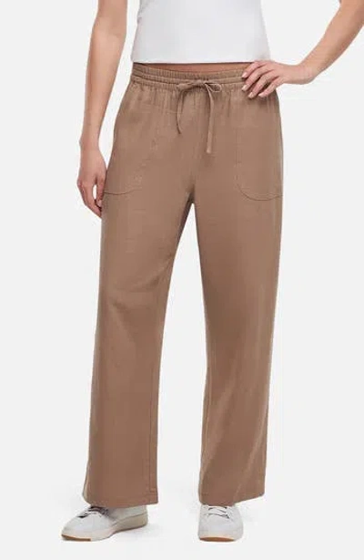 Three Dots Drawstring Linen Blend Ankle Wide Leg Pants In Brown