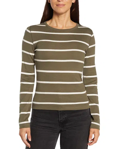 Three Dots Long Sleeve Top In Olive Stripe