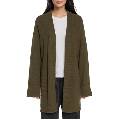 Three Dots Nova Waffle Knit Long Cardigan In Olive Night