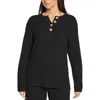 Three Dots Parma Henley Top Womens Ribbed Trim Knit Henley In Black