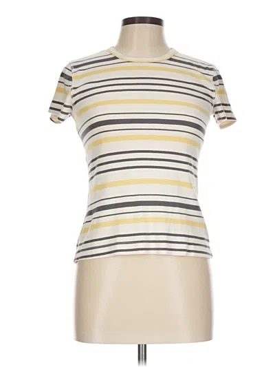 Pre-owned Three Dots Short Sleeve Top Ivory Stripes Pattern Mock Neckline Tops