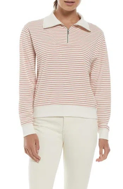 Three Dots Stripe Quarter Zip Sweatshirt In Egret/dusty Cedar