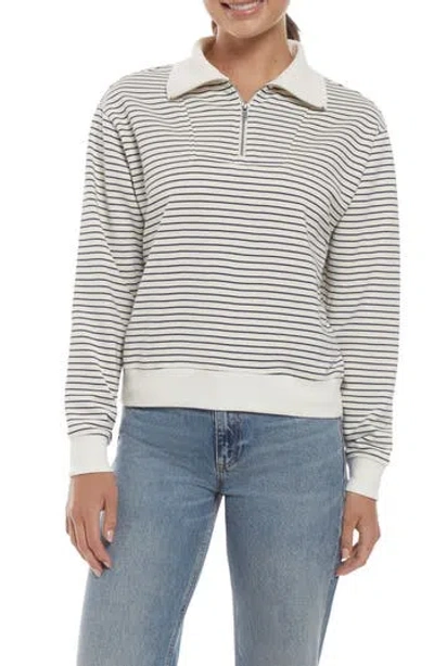 Three Dots Stripe Quarter Zip Sweatshirt In Egret/peacoat