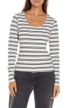 Three Dots Stripe Scoop Neck Stretch Cotton Top In Egret/black Stripe